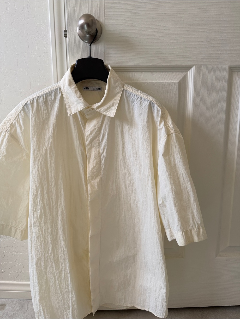 Zara Cream Short-Sleeve Oversized Button-Up Shirt